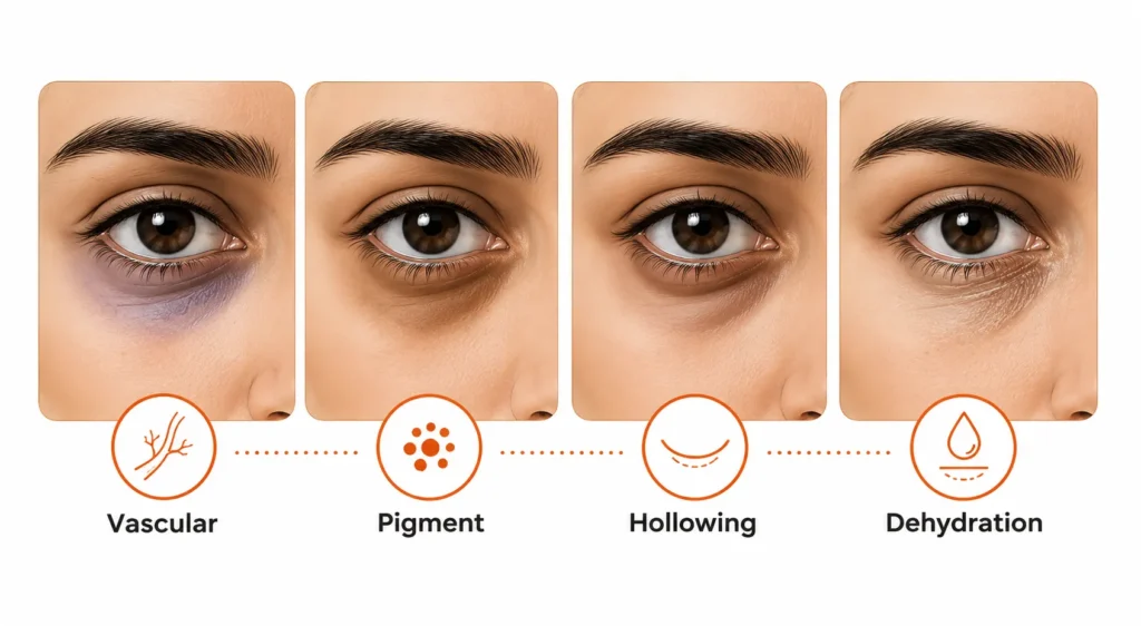 Different dark circle types around eyes with visual distinctions