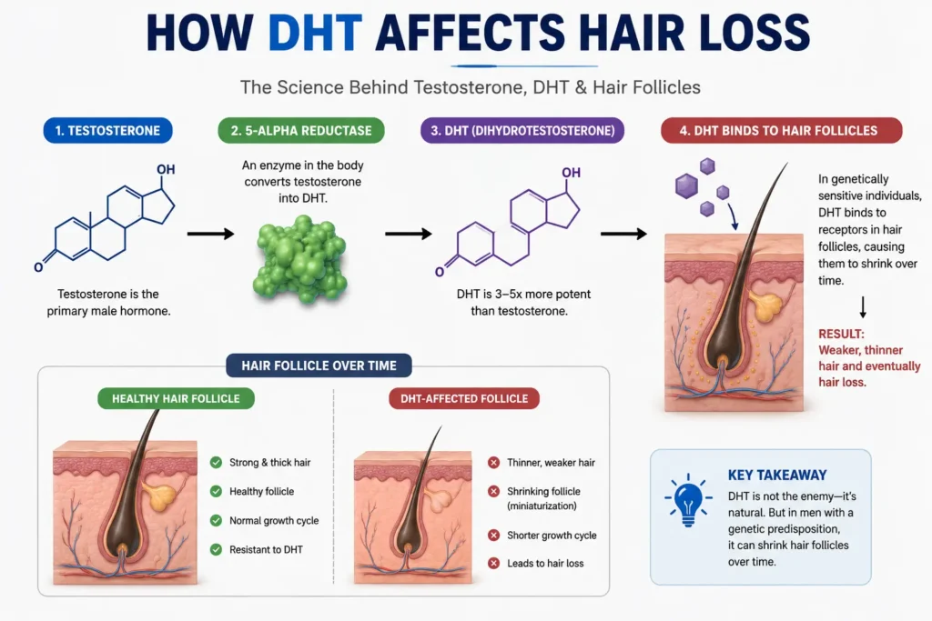 Diagram showing how testosterone converts into DHT and affects hair follicles
