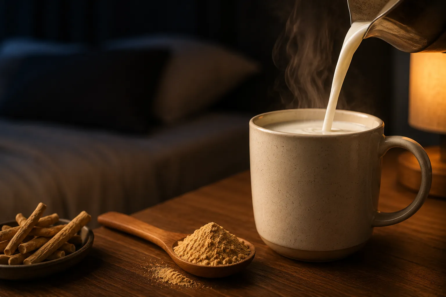 Warm milk and ashwagandha powder prepared beside nighttime bedside table