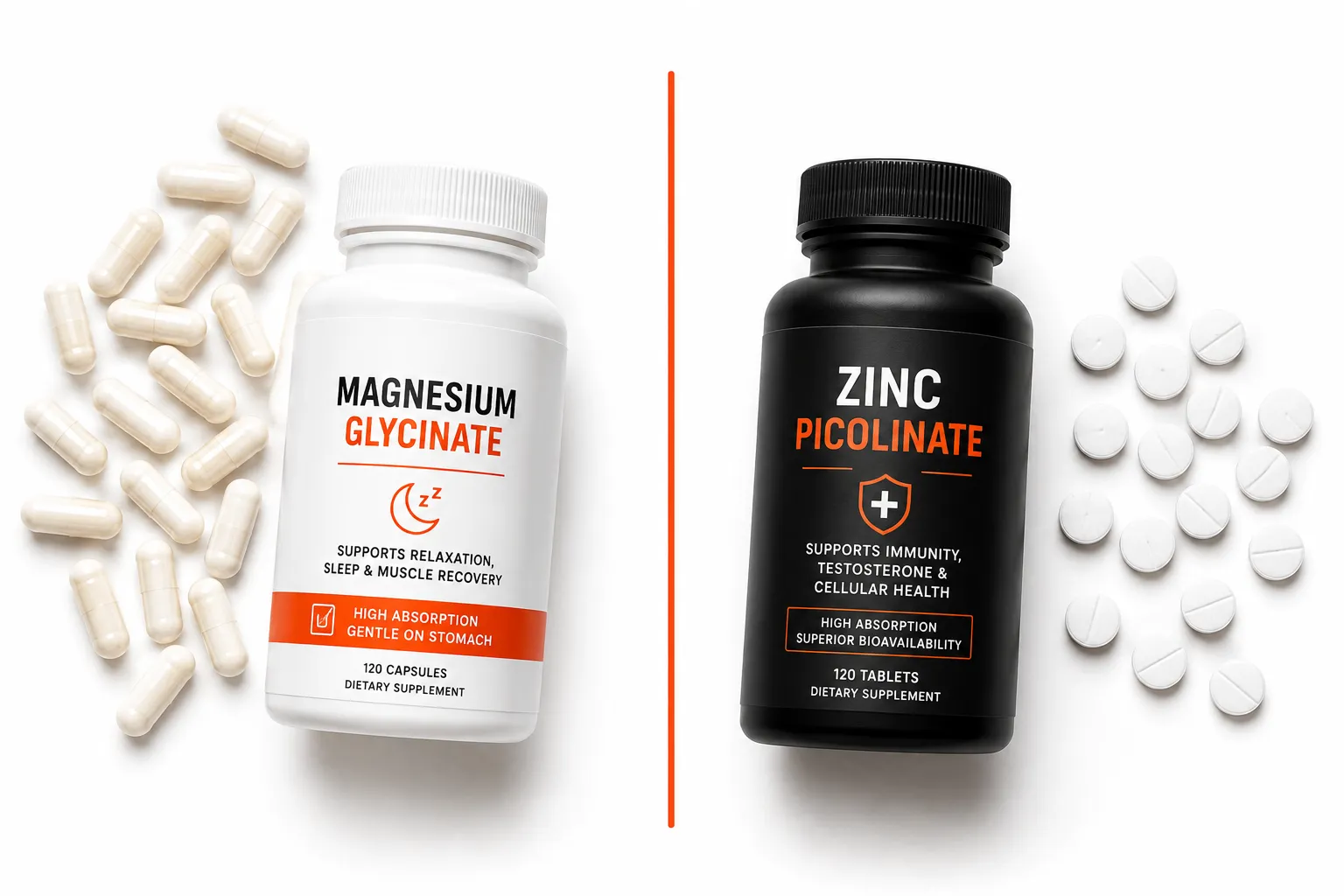 Magnesium vs zinc supplements compared side by side on white background