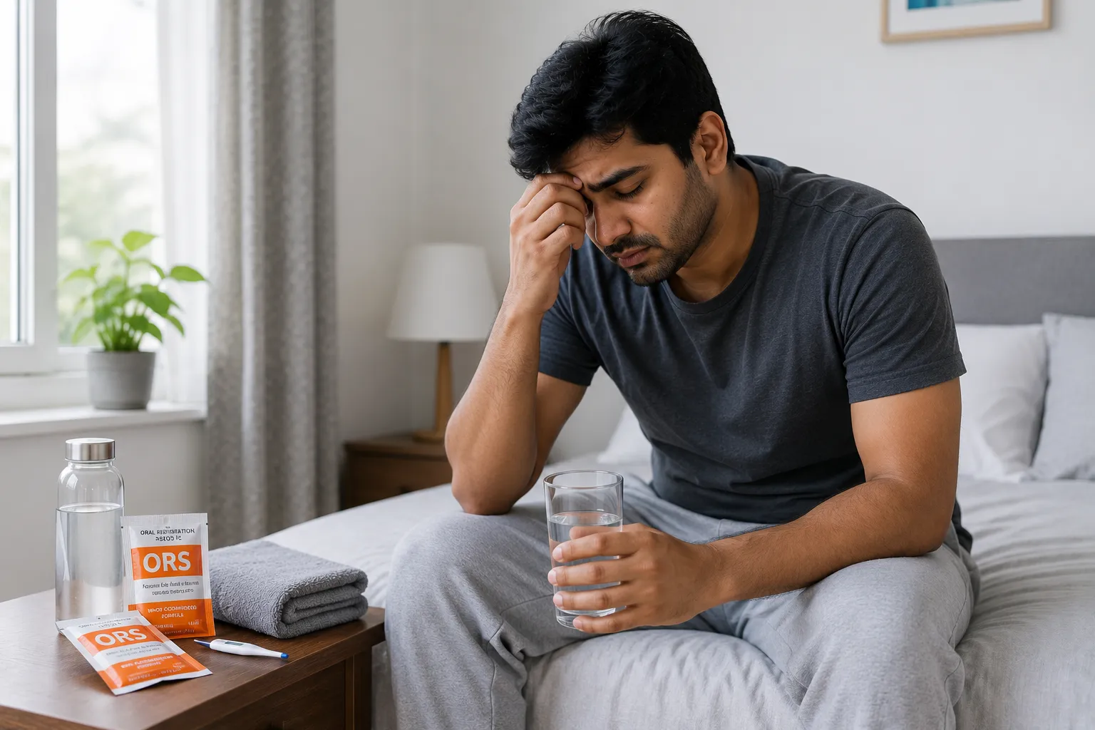Indian adult recovering from norovirus india infection with ORS hydration supplies