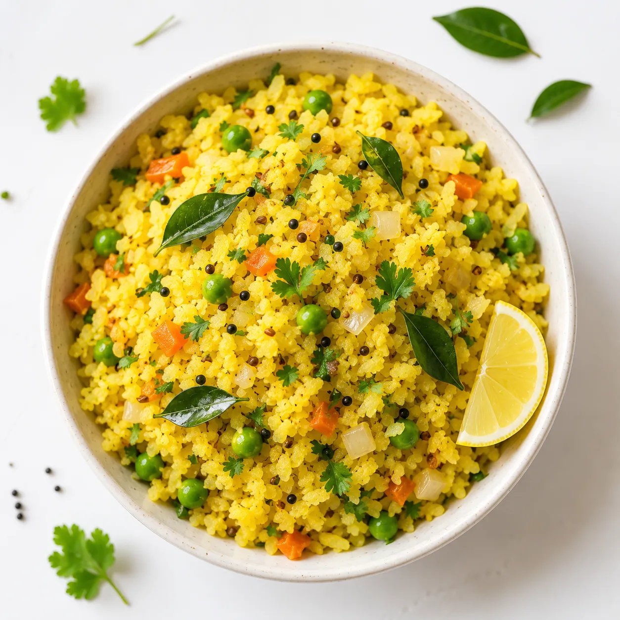 Healthy poha breakfast bowl with vegetables on white background