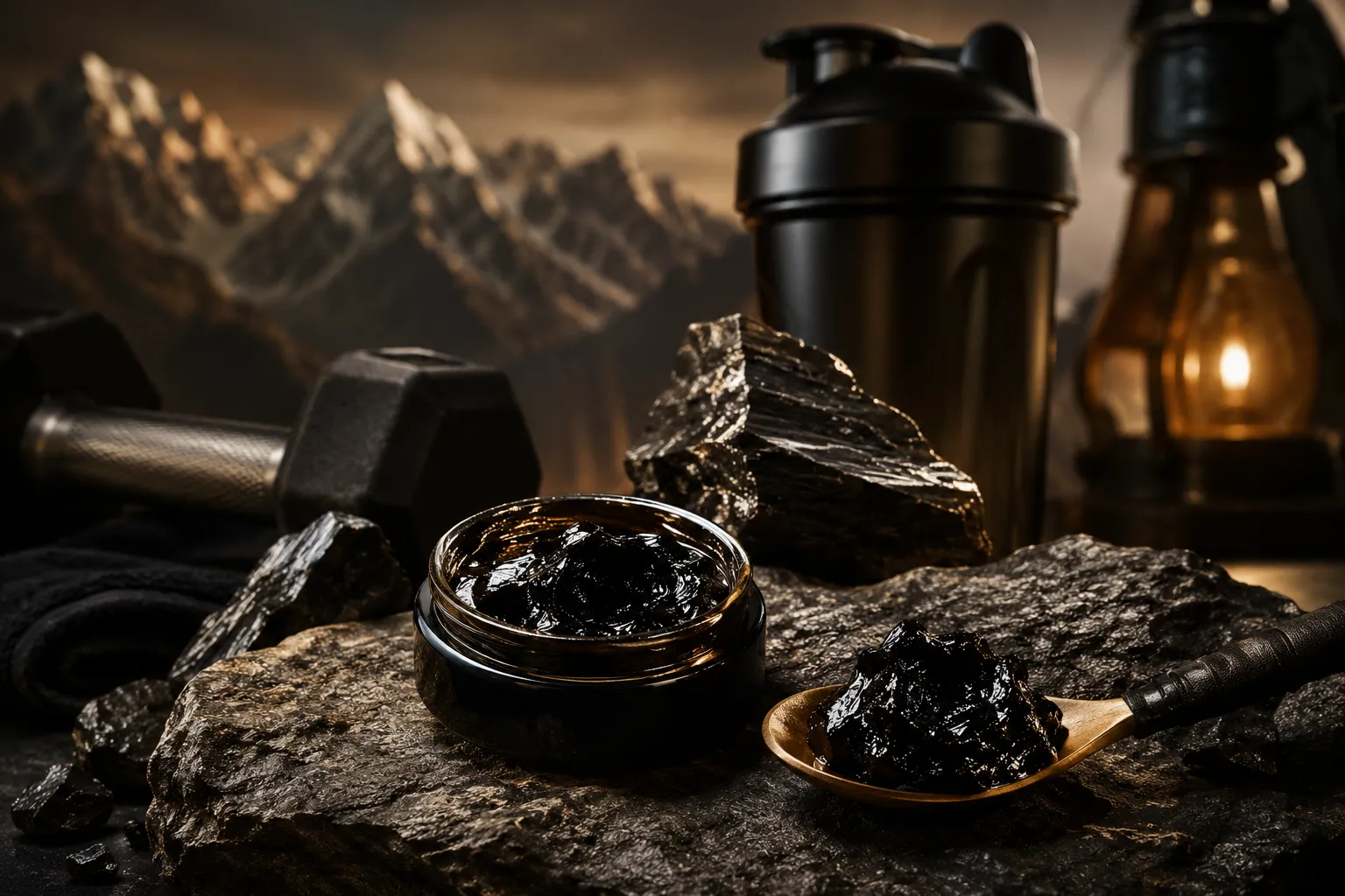 Purified shilajit resin beside men’s testosterone recovery supplement setup