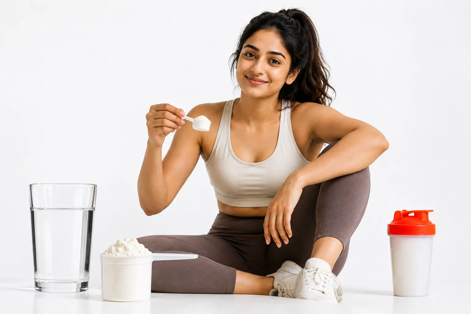 Indian woman holding creatine scoop beside water glass