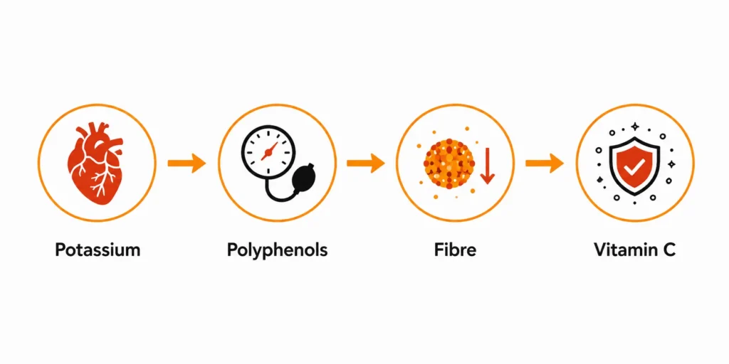 Fruit compounds supporting blood pressure and artery health through multiple pathways