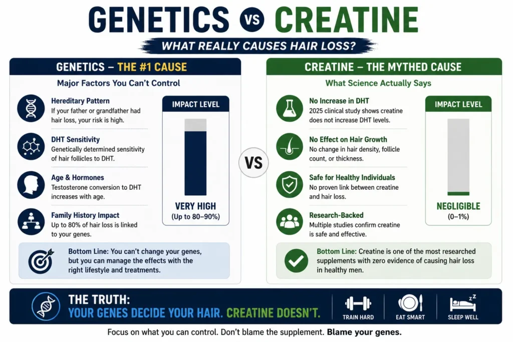 Graphic comparing genetic hair loss risk versus creatine supplementation
