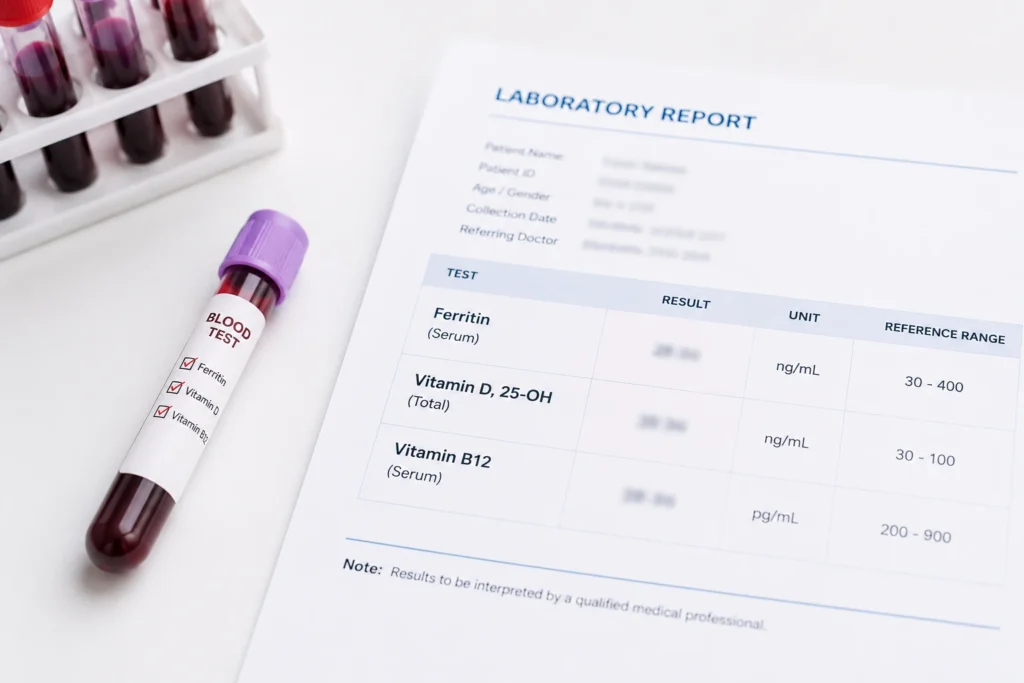 Blood tests commonly used for vitamin deficiency causing hair fall diagnosis