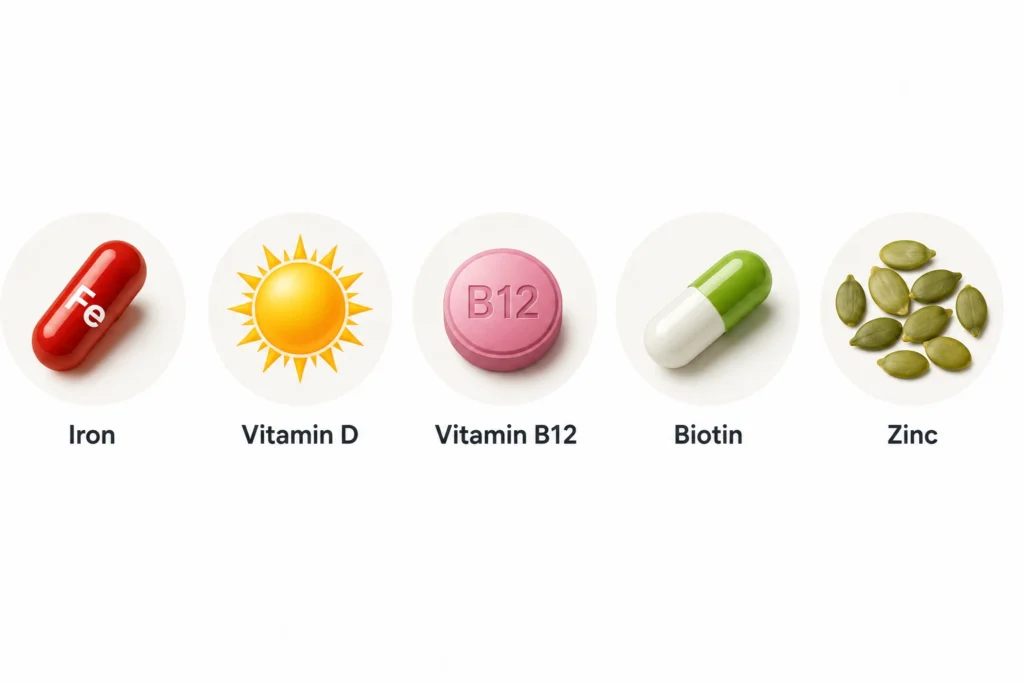 Key nutrients compared for vitamin deficiency causing hair fall