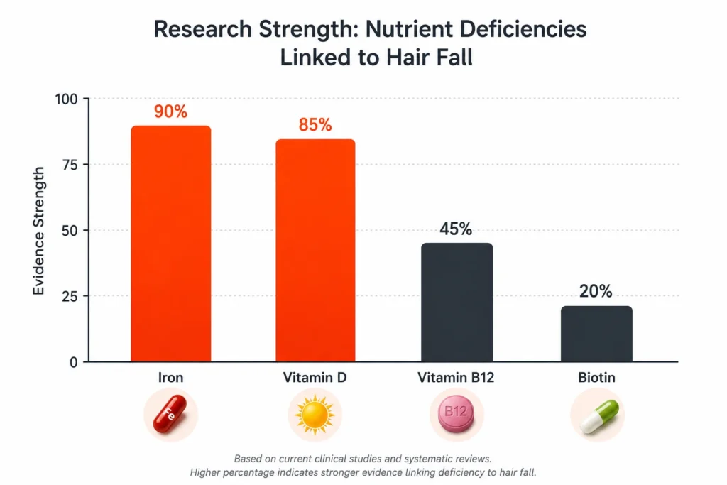 Research strength comparing nutrients linked to vitamin deficiency hair fall