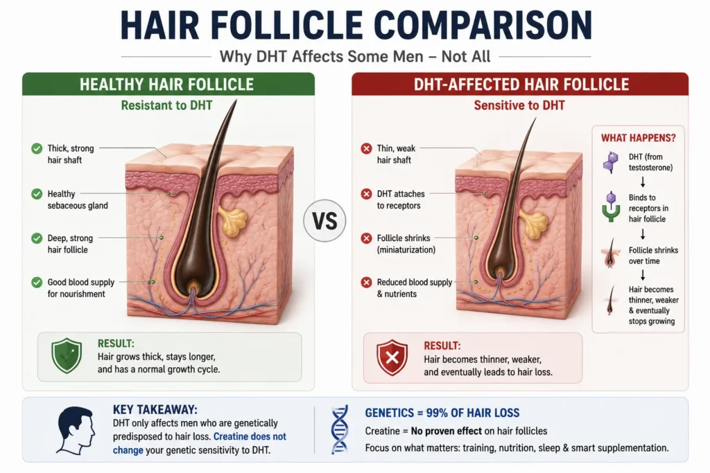 Comparison between healthy hair follicle and miniaturized follicle affected by DHT