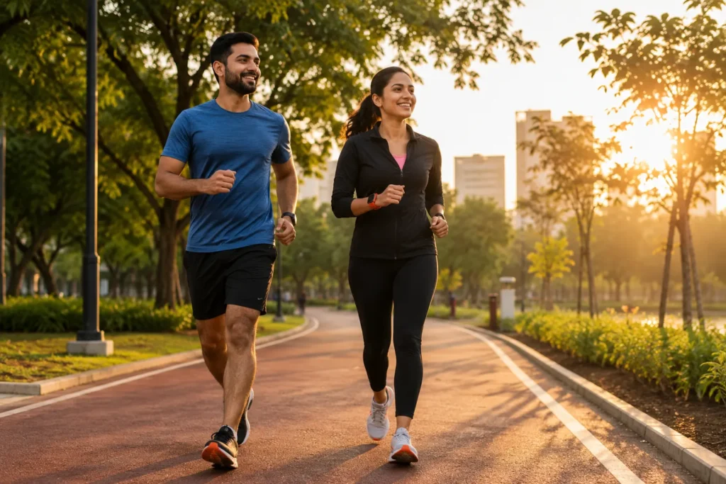 Indian adults brisk walking outdoors for better heart health
