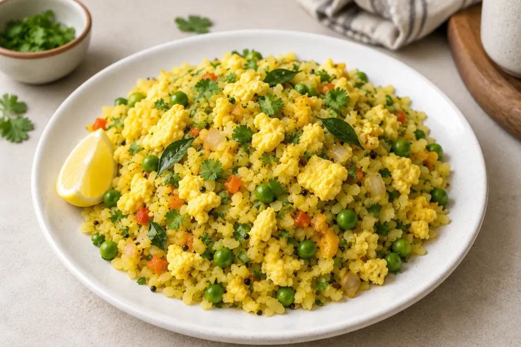 Poha oats eggs and upma breakfast comparison on white background