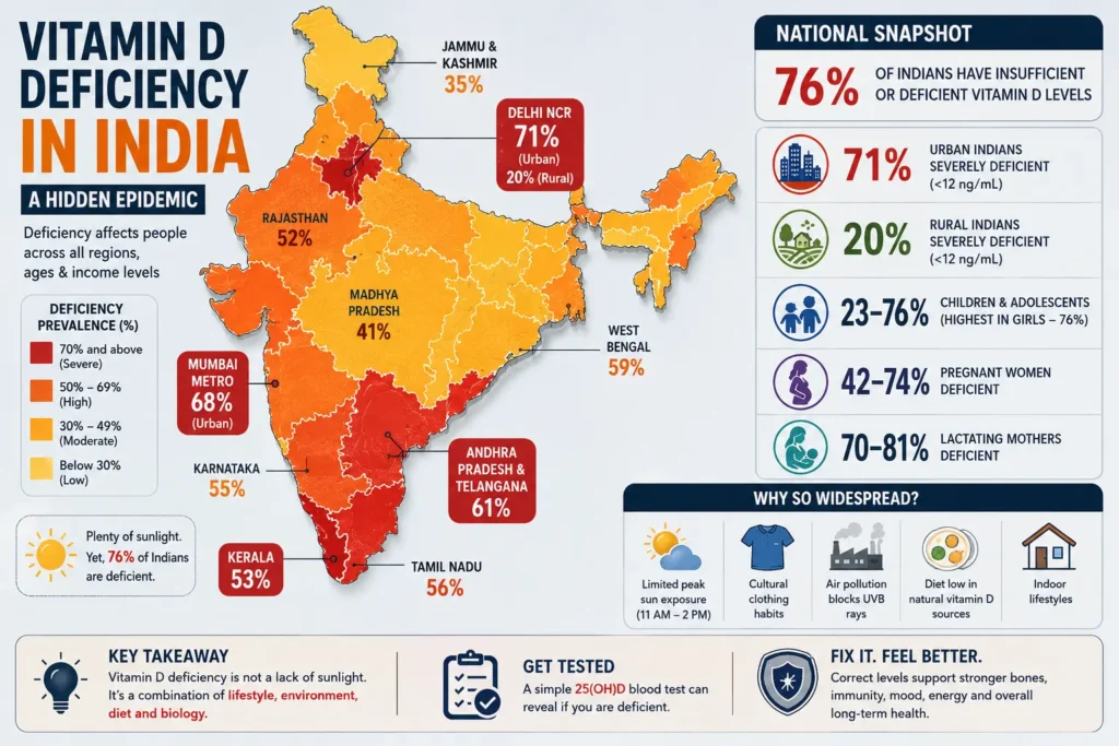 India map showing widespread vitamin D deficiency prevalence rates