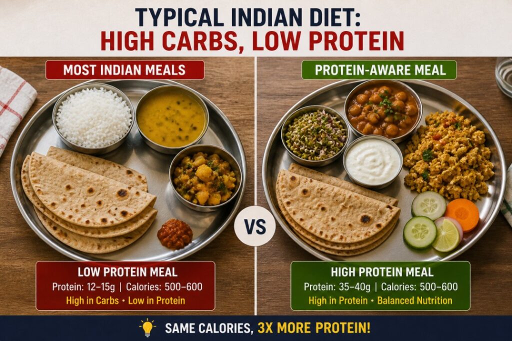 Typical Indian meal showing low protein and high carbs”