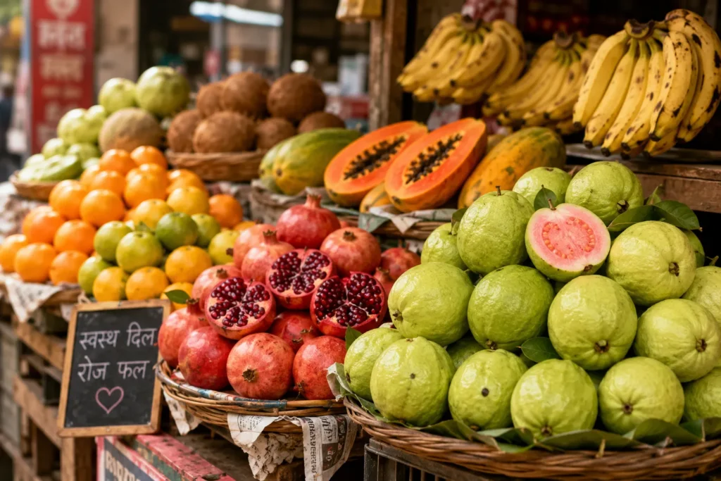 Affordable Indian fruits for heart health displayed in local market