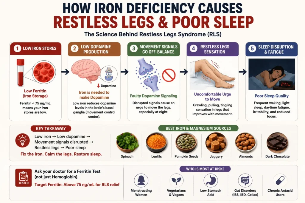 Iron deficiency causing restless legs and poor sleep symptoms