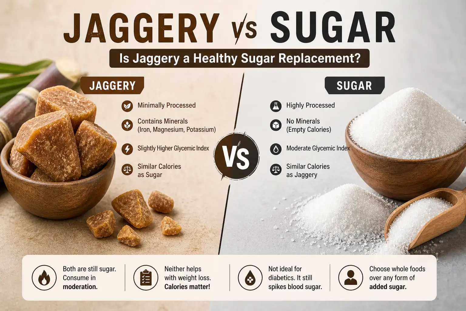 is jaggery a good sugar replacement comparison with white sugar