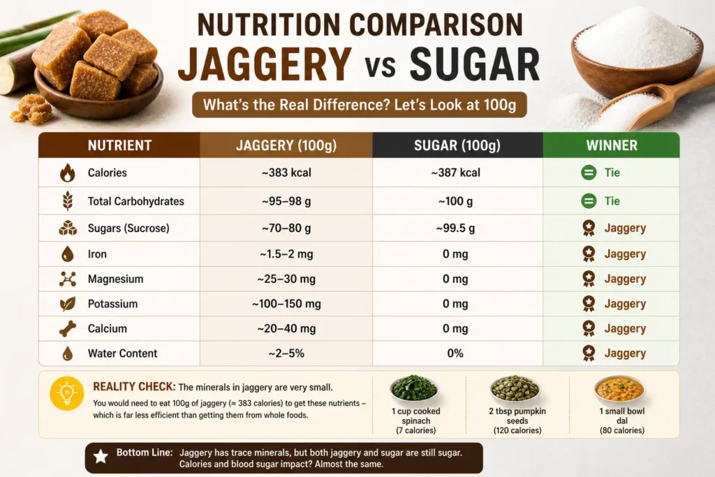 jaggery vs sugar calories and nutrients comparison