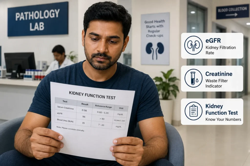 Indian man reviewing kidney function blood test before supplementation