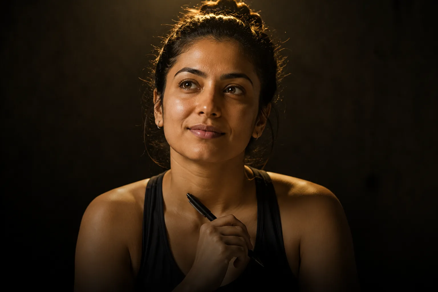 Calm Indian woman with complete LeanFuel diet and workout system — no confusion