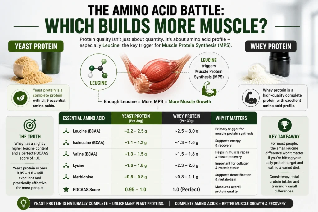 eucine role in muscle protein synthesis comparison yeast vs whey