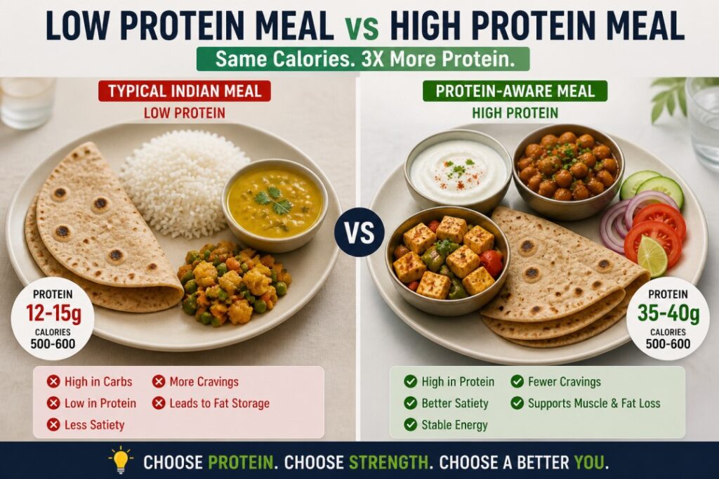 Low protein Indian meal vs high protein meal comparison