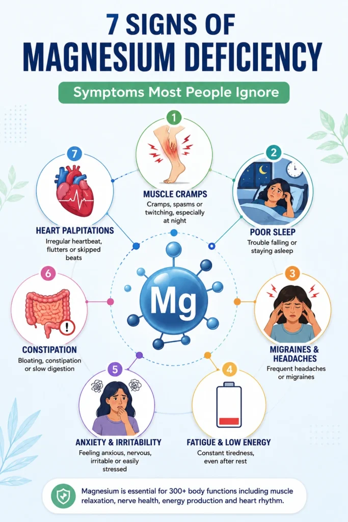 Infographic showing common signs of magnesium deficiency symptoms