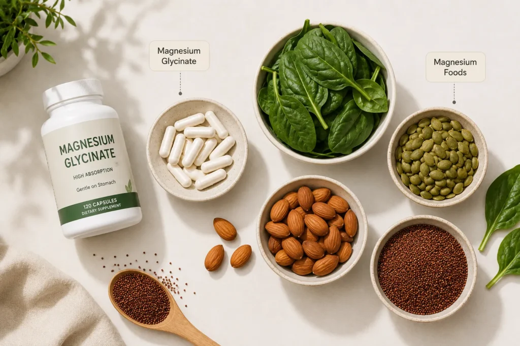 Magnesium glycinate capsules beside magnesium-rich foods supporting anxiety relief