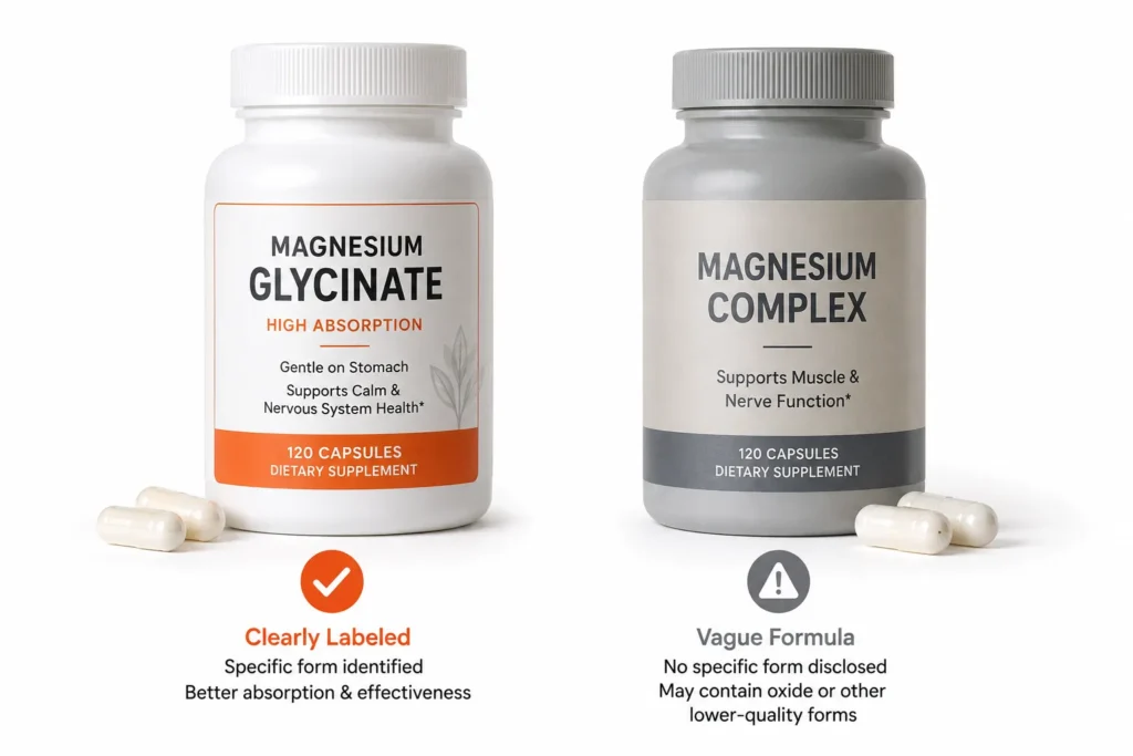 Magnesium glycinate supplement label compared with vague magnesium complex formula