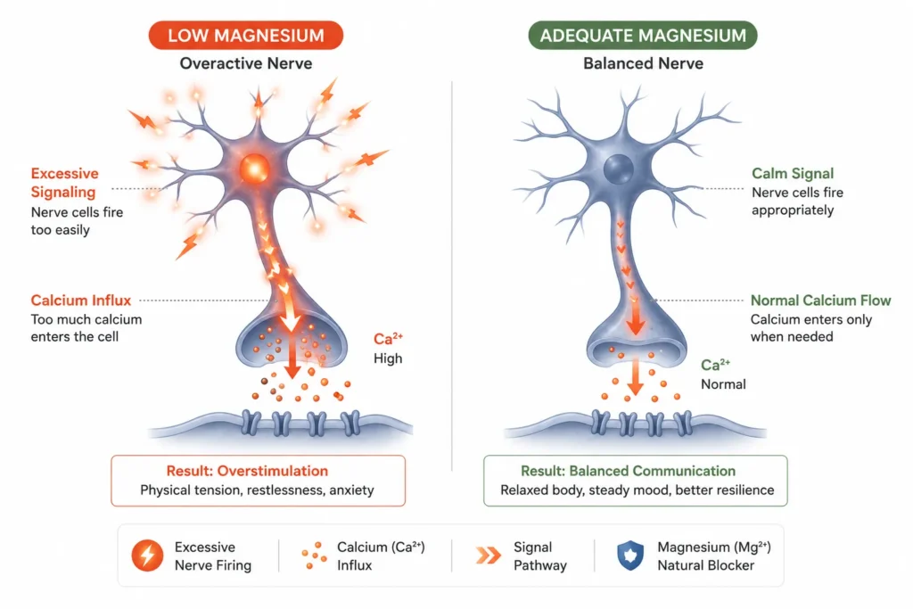 Magnesium regulating excessive nerve signaling linked to physical anxiety symptoms