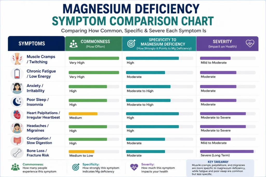 Chart comparing magnesium deficiency symptom severity and specificity