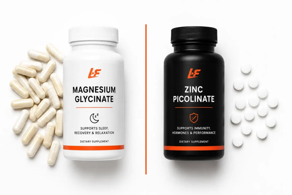 Magnesium and zinc supplements placed side by side on white background