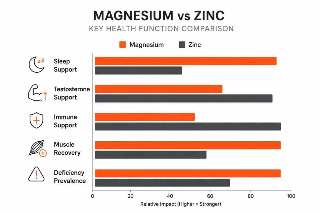Magnesium and zinc comparison chart showing key health benefit differences