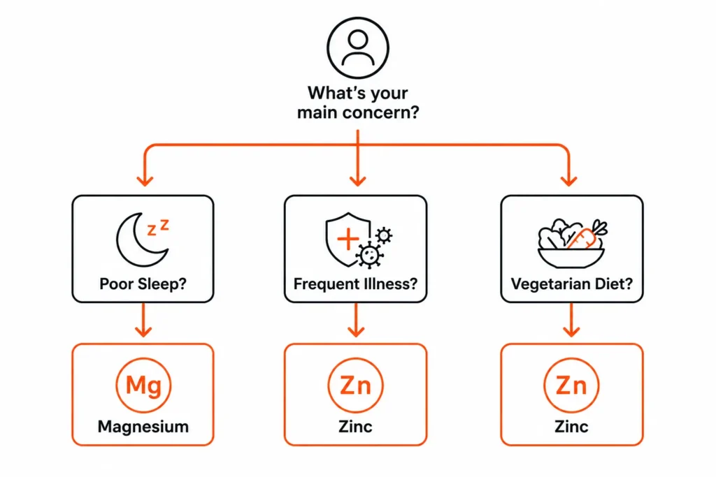 Simple magnesium versus zinc decision flow chart for common symptoms