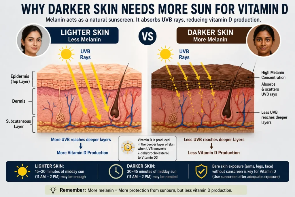 Darker skin reducing UVB absorption for vitamin D production