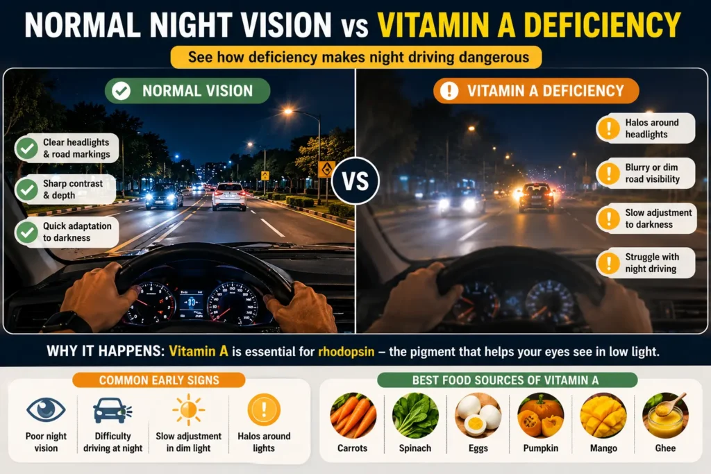 Comparison of healthy and poor night vision deficiency symptoms