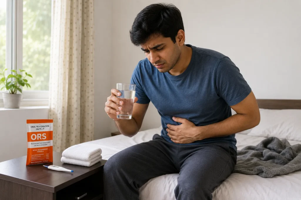 Indian adult recovering from norovirus symptoms with ORS beside bed