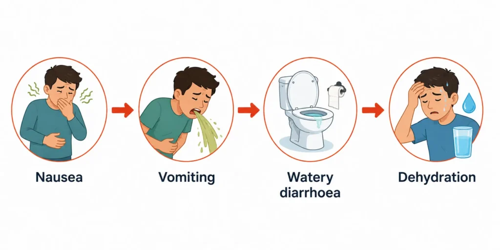 Norovirus symptoms progression from nausea to dehydration in adults