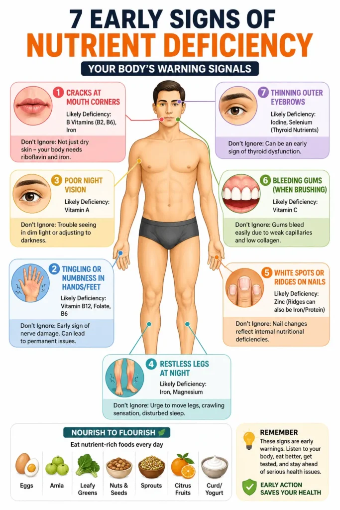 Body map showing early signs of nutrient deficiency locations