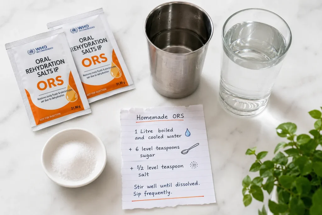 ORS sachets and hydration supplies used during norovirus recovery in India