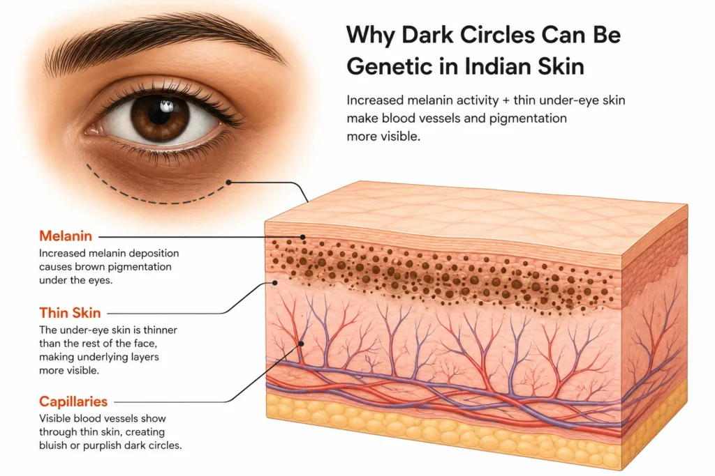 Melanin buildup beneath thin under-eye skin causing dark circles