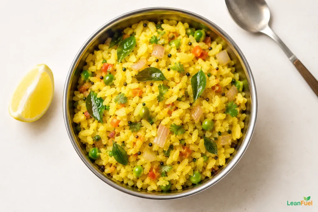 Healthy poha breakfast bowl with vegetables and lemon wedge