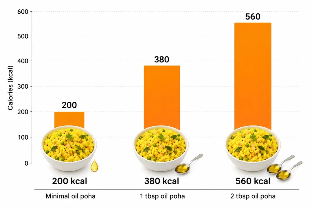 Poha calorie comparison based on cooking oil quantity used
