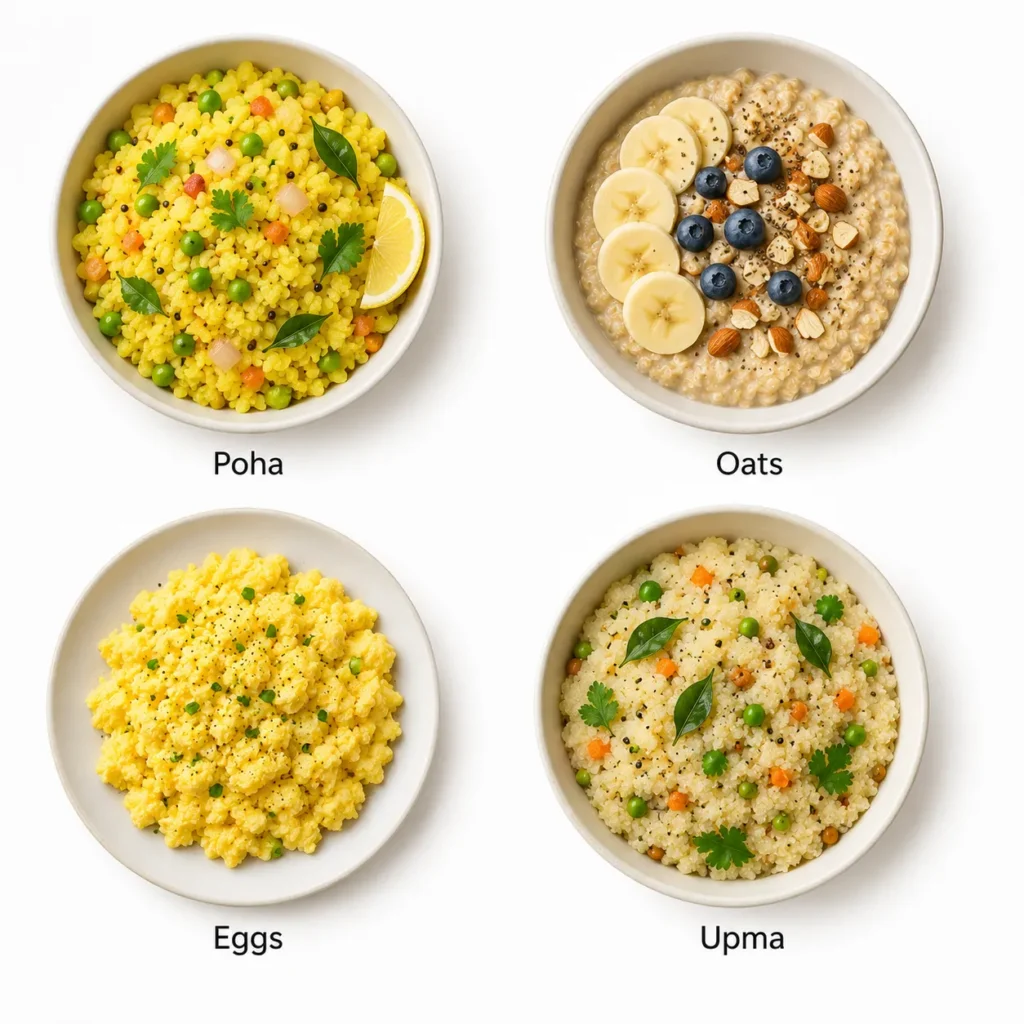 Poha oats eggs and upma breakfast comparison on white background