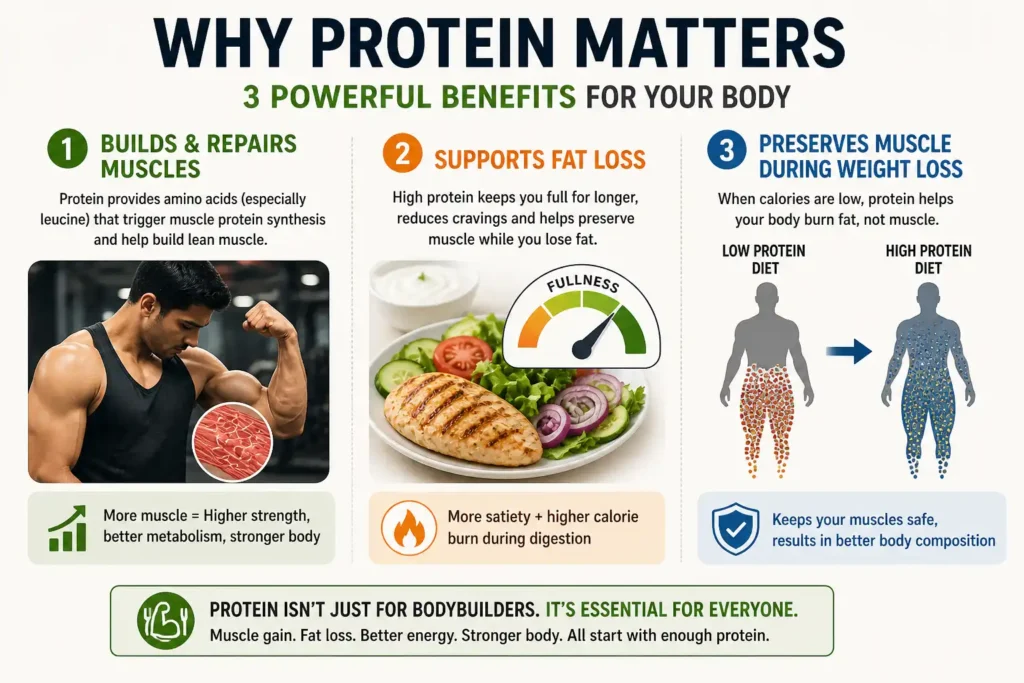 protein benefits muscle growth fat loss and satiety diagram