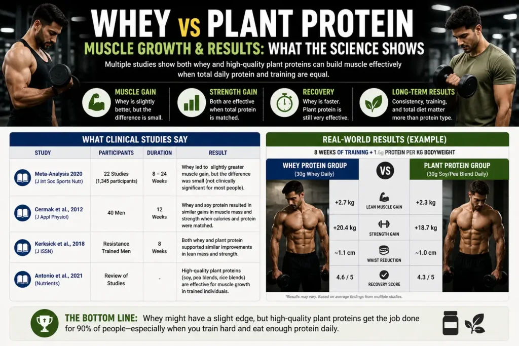 whey vs plant protein muscle growth results comparison gym