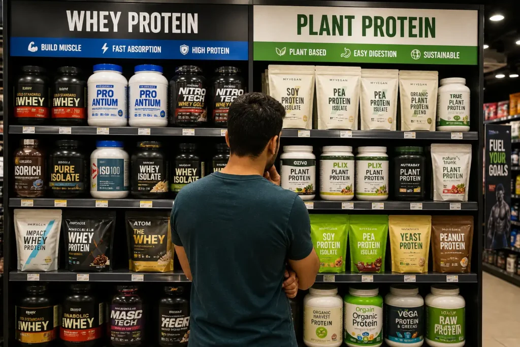 protein powder confusion whey vs plant options in India supplement store