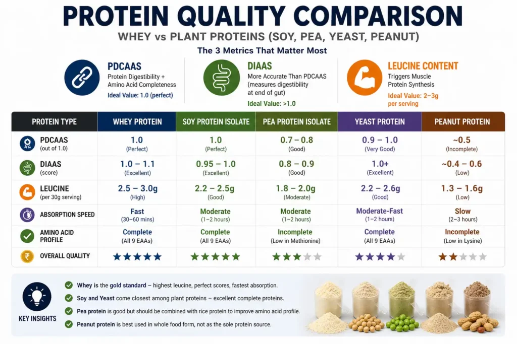 protein quality comparison pdcaas leucine absorption whey vs plant