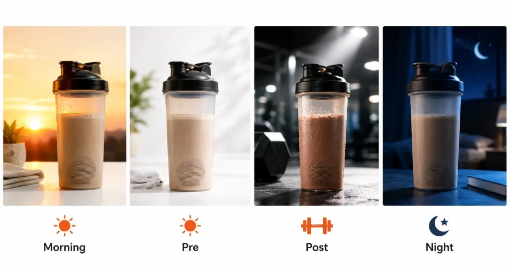 Protein shakes representing morning pre workout post workout and bedtime timing