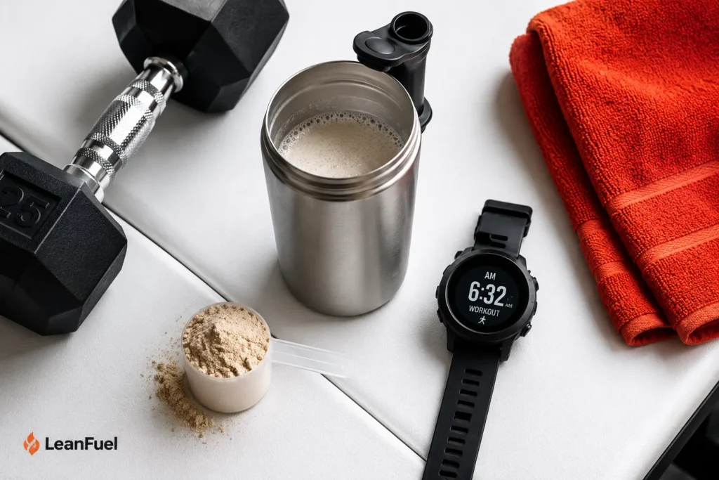 Whey protein shaker beside dumbbell showing post workout protein timing